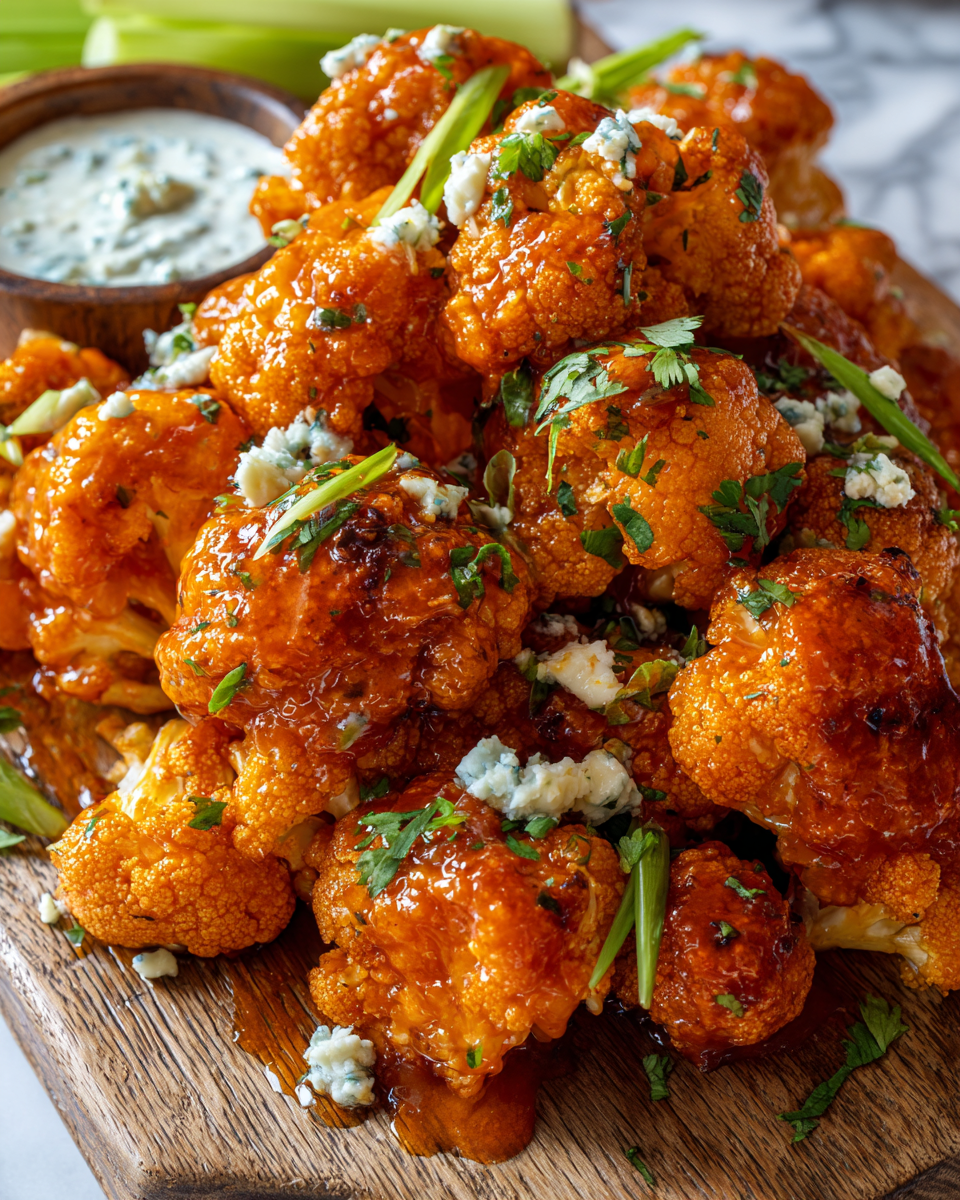 Alitas de coliflor búfalo, un plato vegetariano crujiente y sabroso, ideal para compartir en reuniones y fiestas.