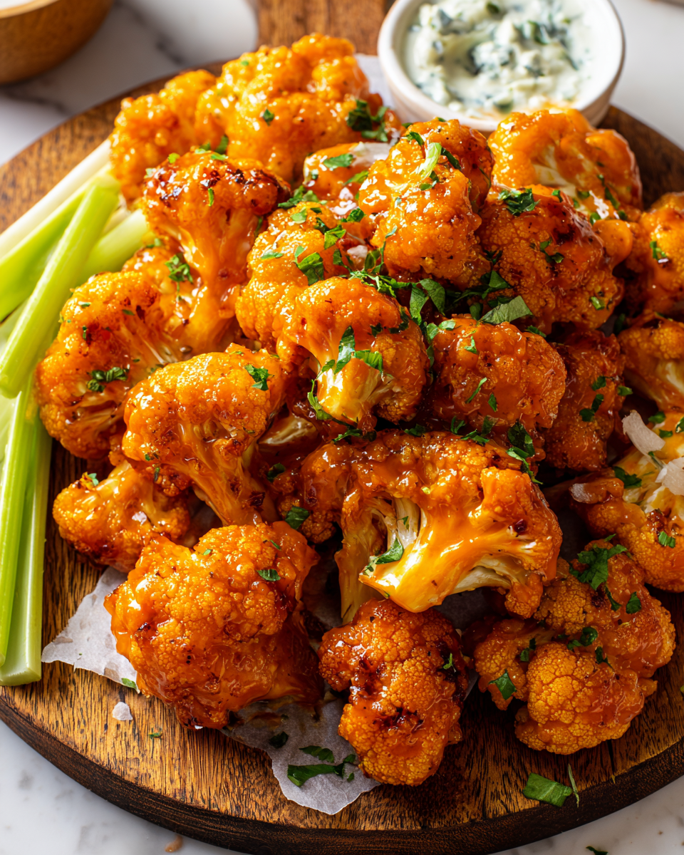 Alitas de coliflor búfalo, un plato vegetariano crujiente y sabroso, ideal para compartir en reuniones y fiestas.