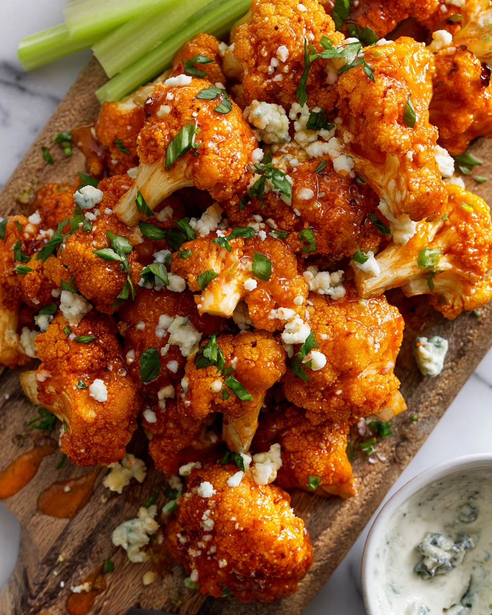 Alitas de coliflor búfalo, un plato vegetariano crujiente y sabroso, ideal para compartir en reuniones y fiestas.