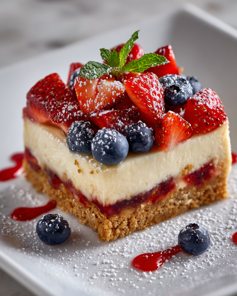 Barras de cheesecake patriótico decoradas con fresas y arándanos, perfectas para fiestas y celebraciones.