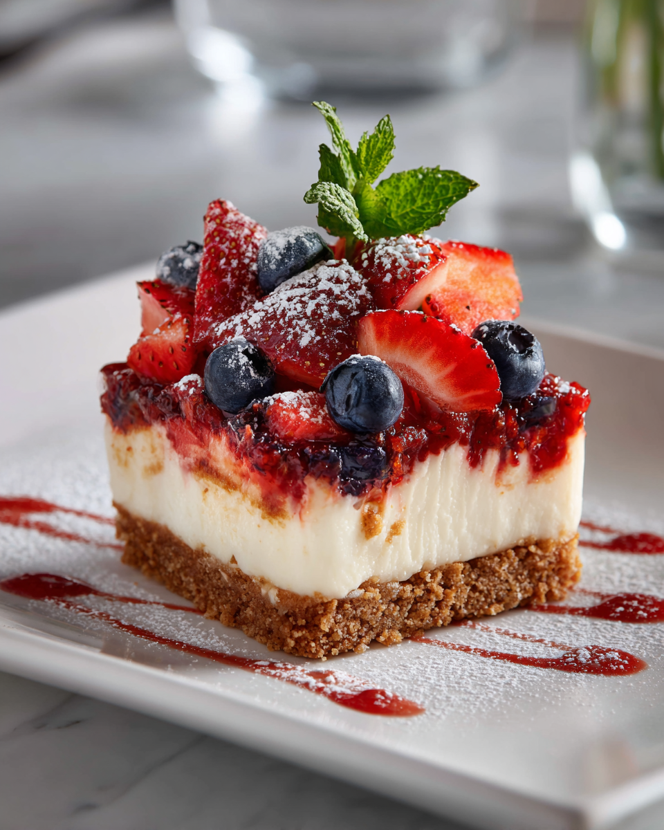 Barras de cheesecake patriótico decoradas con fresas y arándanos, perfectas para fiestas y celebraciones.