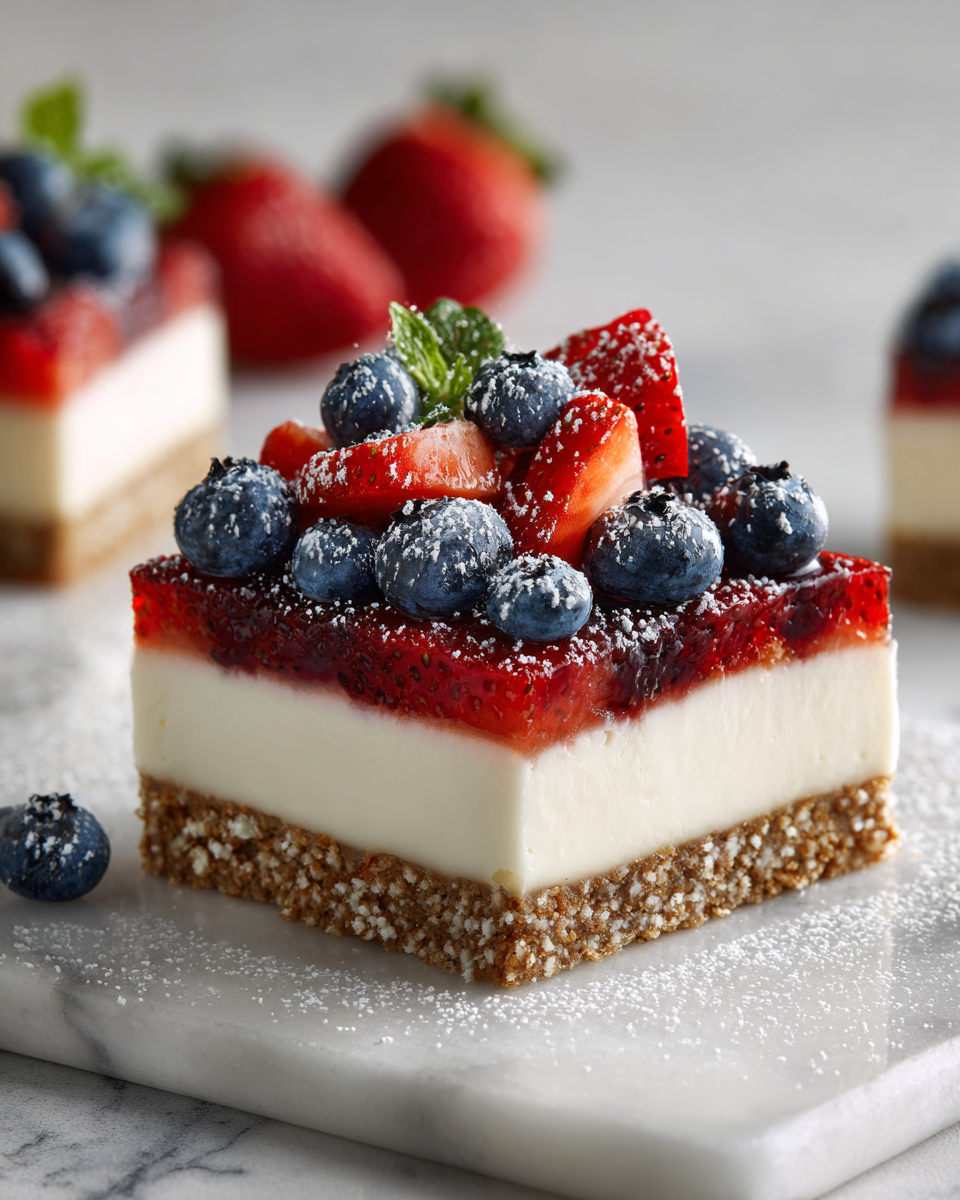 Barras de cheesecake patriótico decoradas con fresas y arándanos, perfectas para fiestas y celebraciones.