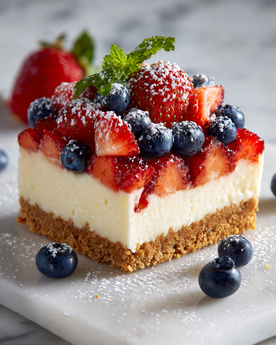 Barras de cheesecake patriótico decoradas con fresas y arándanos, perfectas para fiestas y celebraciones.