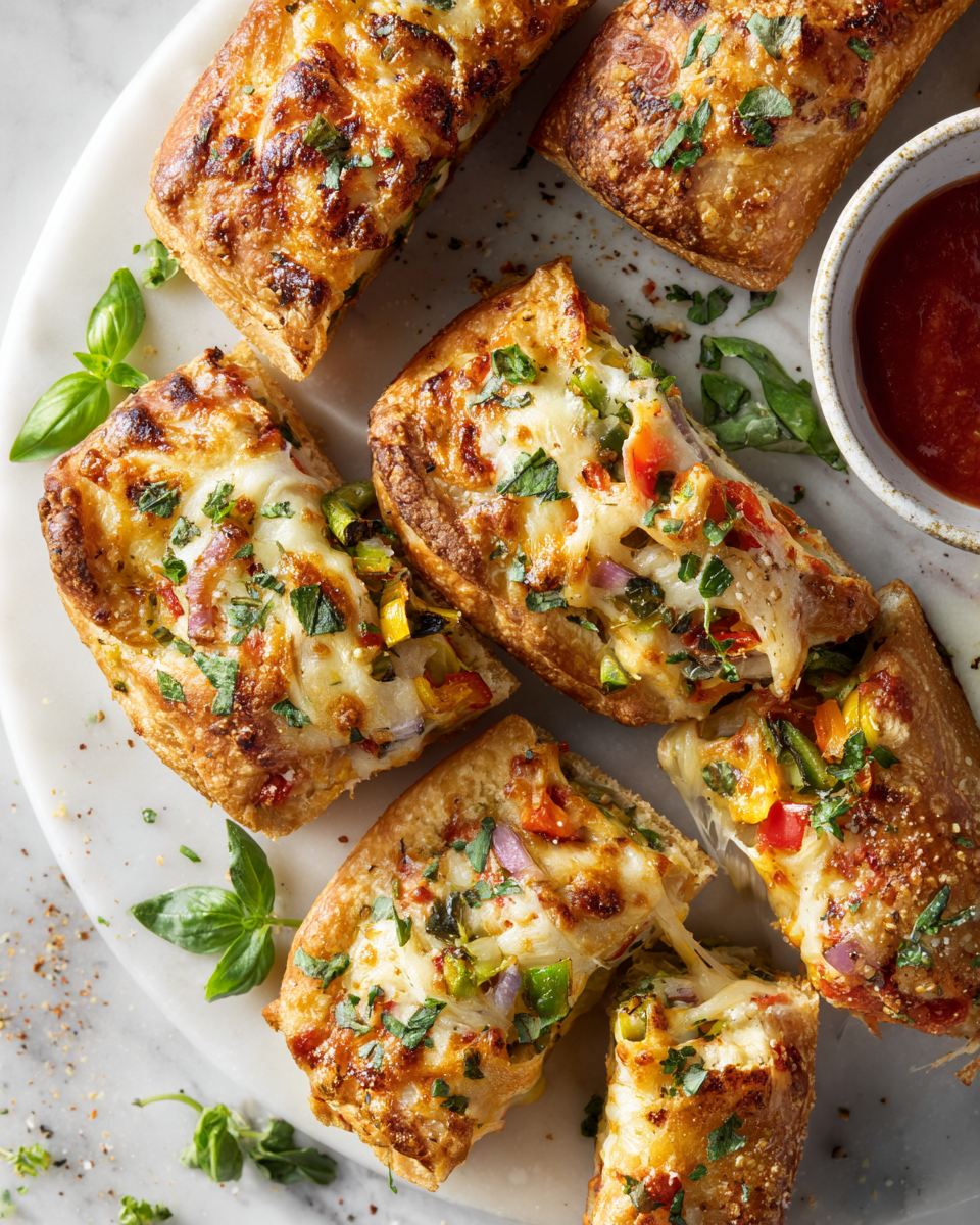 Bocas de pizza vegetales crujientes y frescas, perfectas para compartir en reuniones. Receta fácil y deliciosa en 30 minutos.