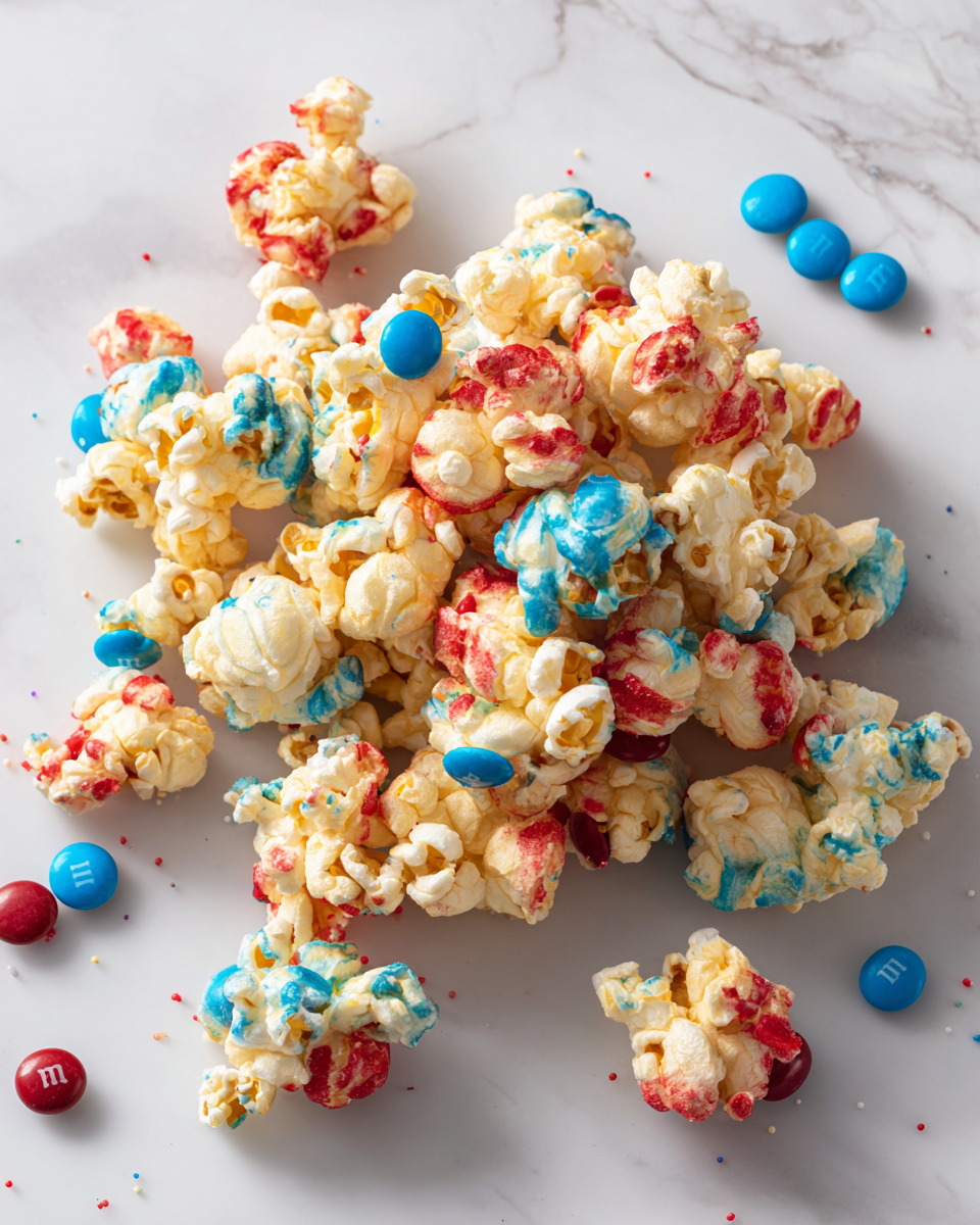 Divertidas bolas de palomitas patrióticas para el verano Bolas de palomitas patrióticas coloridas, perfectas para el verano y celebraciones al aire libre, un delicioso aperitivo festivo.