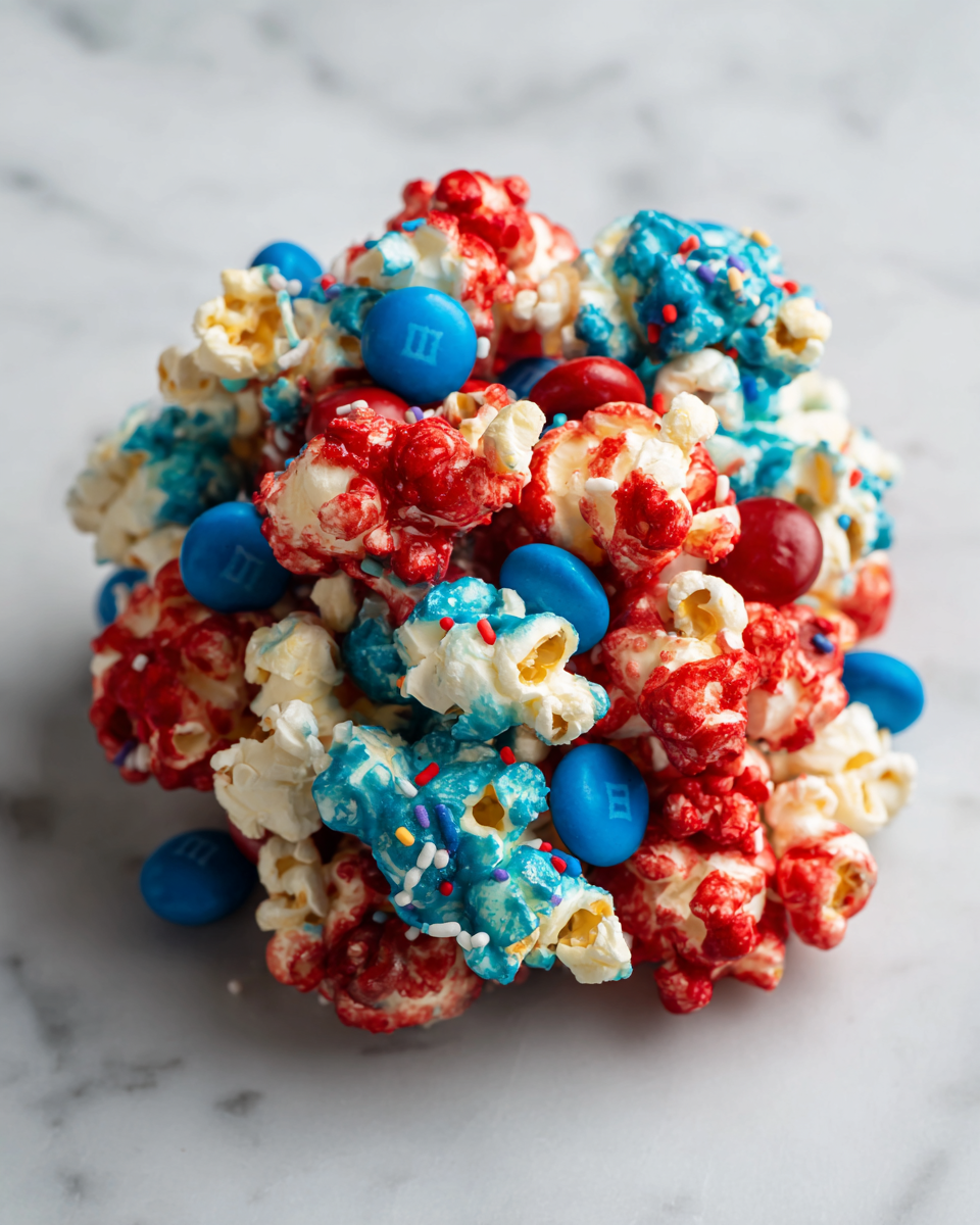 Divertidas bolas de palomitas patrióticas para el verano Bolas de palomitas patrióticas coloridas, perfectas para el verano y celebraciones al aire libre, un delicioso aperitivo festivo.
