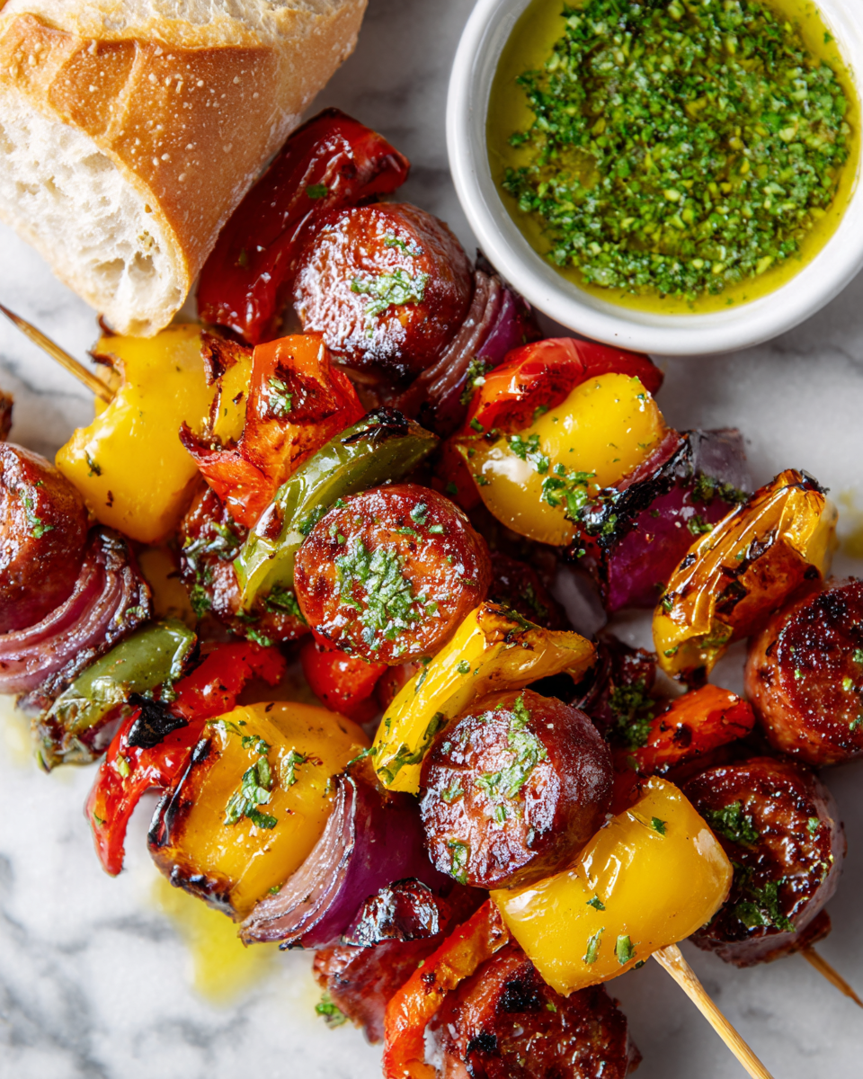 Receta de brochetas de salchichas a la parrilla, perfectas para reuniones familiares y barbacoas, con chorizo y verduras frescas.