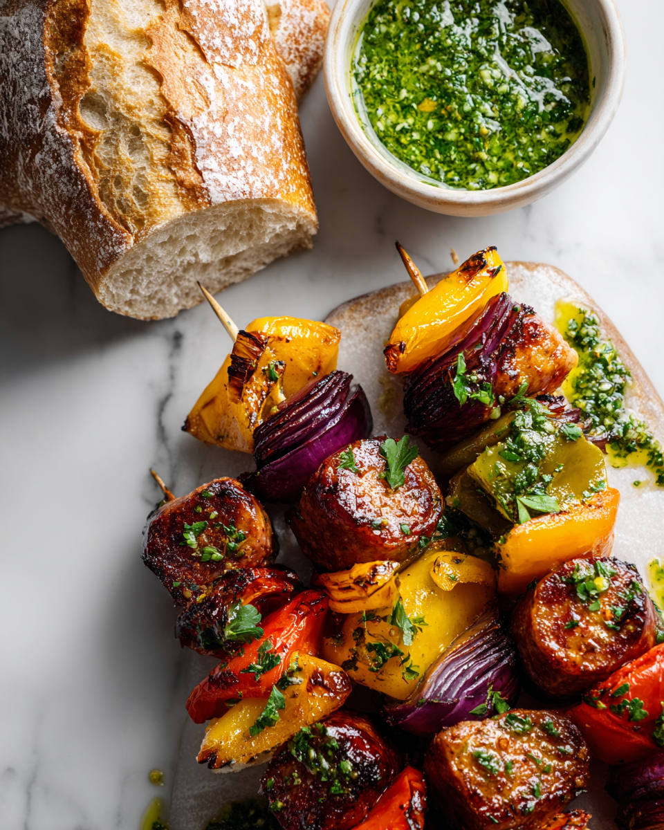 Receta de brochetas de salchichas a la parrilla, perfectas para reuniones familiares y barbacoas, con chorizo y verduras frescas.