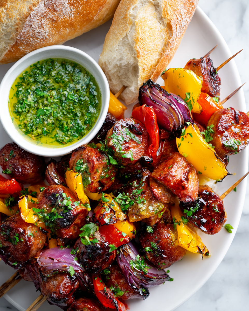 Receta de brochetas de salchichas a la parrilla, perfectas para reuniones familiares y barbacoas, con chorizo y verduras frescas.