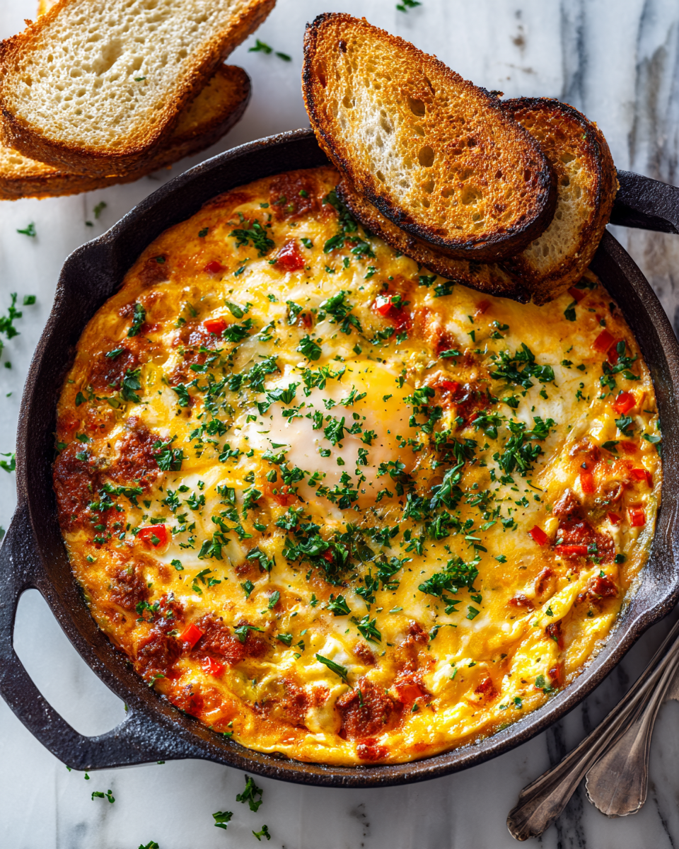 Cazuela de huevos fresca con chorizo y queso, perfecta para reuniones familiares en otoño.