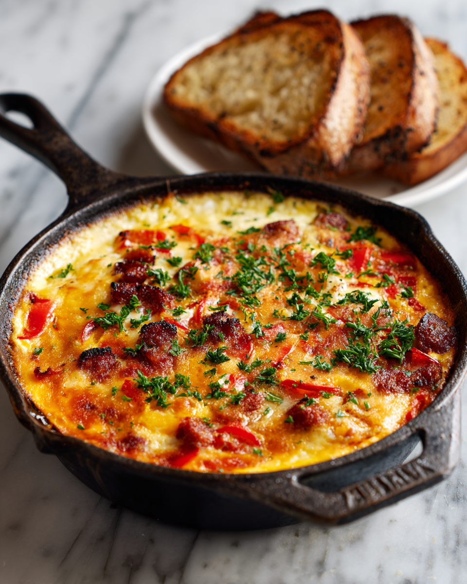 Cazuela de huevos fresca con chorizo y queso, perfecta para reuniones familiares en otoño.