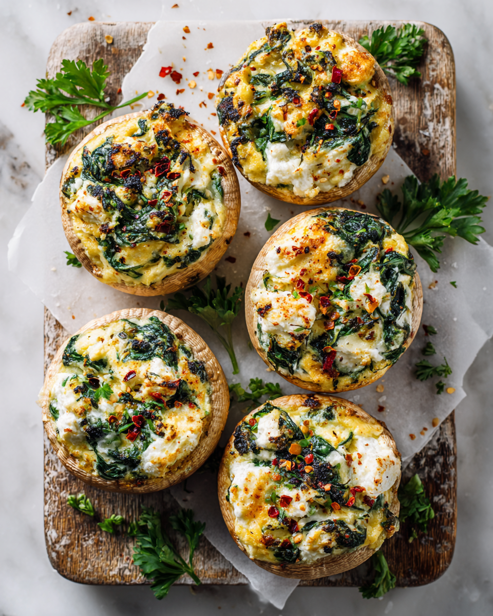 Champiñones rellenos de queso ricotta y espinacas, deliciosos aperitivos vegetarianos para compartir en reuniones junto a amigos.
