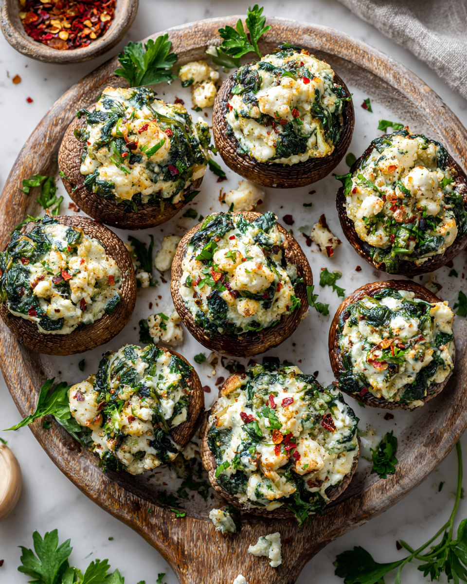 Champiñones rellenos de queso ricotta y espinacas, deliciosos aperitivos vegetarianos para compartir en reuniones junto a amigos.
