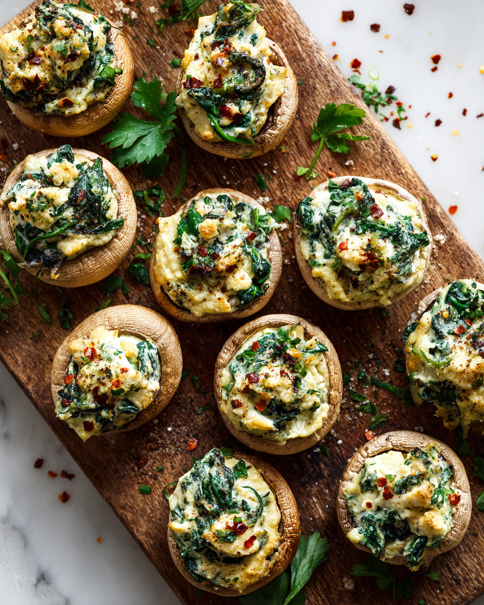 Champiñones rellenos de queso ricotta y espinacas, deliciosos aperitivos vegetarianos para compartir en reuniones junto a amigos.
