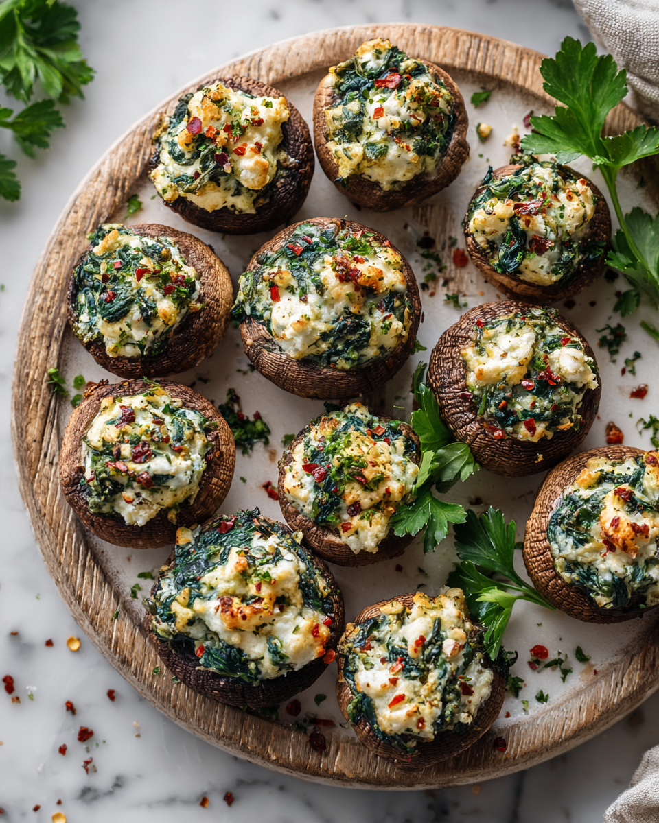 Champiñones rellenos de queso ricotta y espinacas, deliciosos aperitivos vegetarianos para compartir en reuniones junto a amigos.
