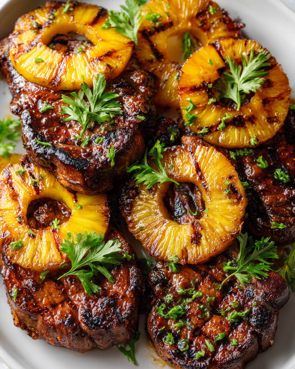 Deliciosas Chuletas de Ternera con Piña para el Verano Chuletas de ternera a la parrilla con piña, sabor tropical y perfecto para el verano.