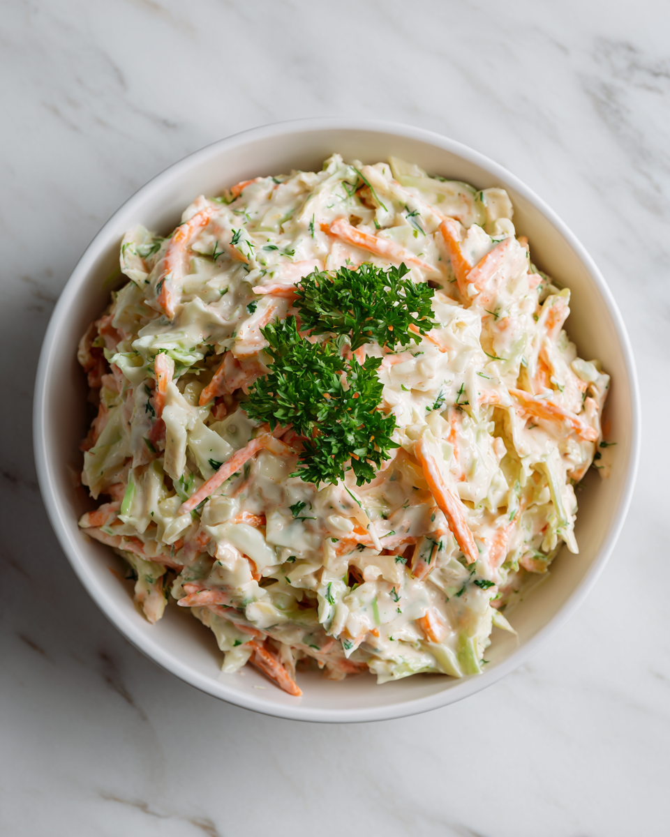 Ensalada de col cremosa KFC, perfecta para acompañar pollo frito y parrilladas, ideal para picnics y comidas al aire libre.