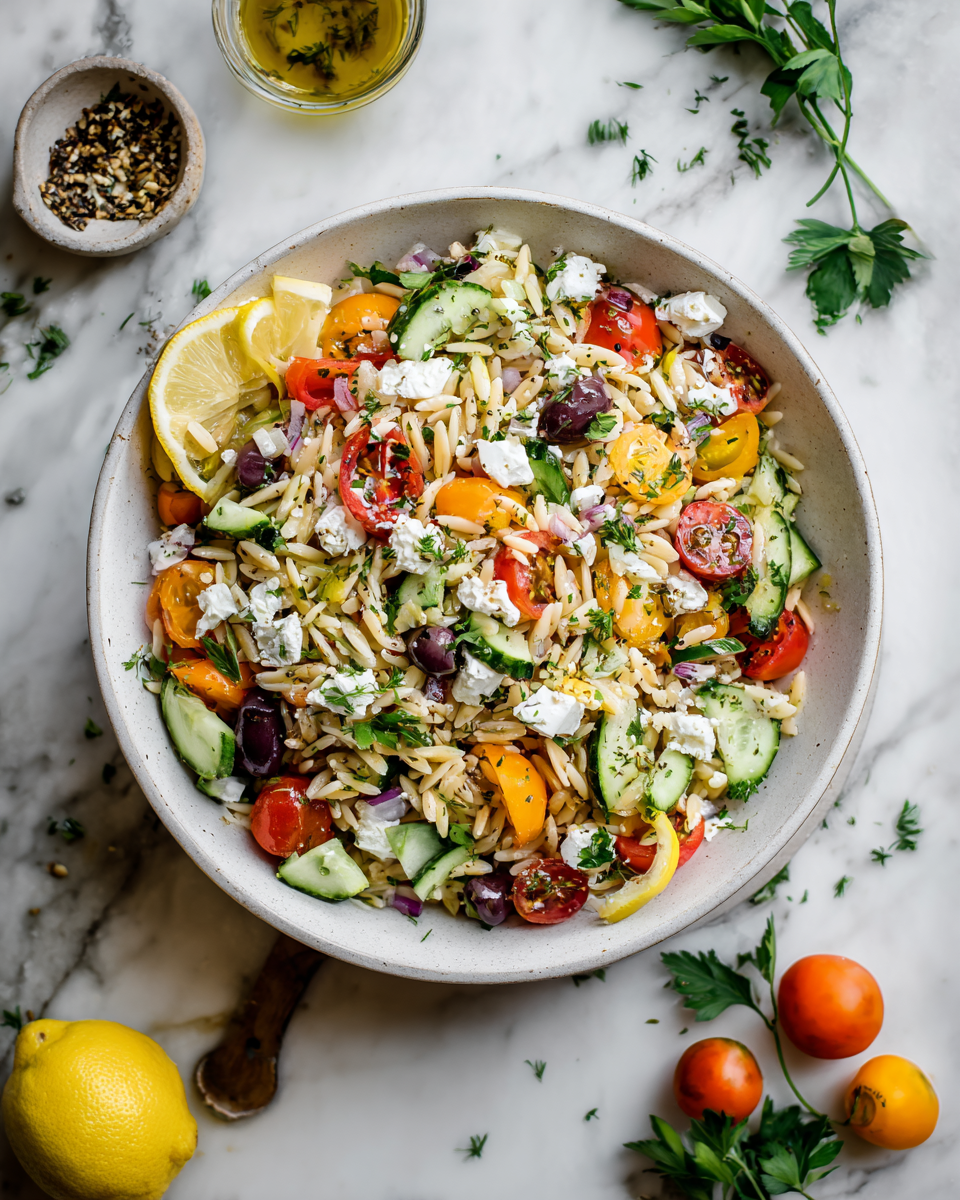 Ensalada griega de orzo con ingredientes frescos y vibrantes, ideal para celebraciones