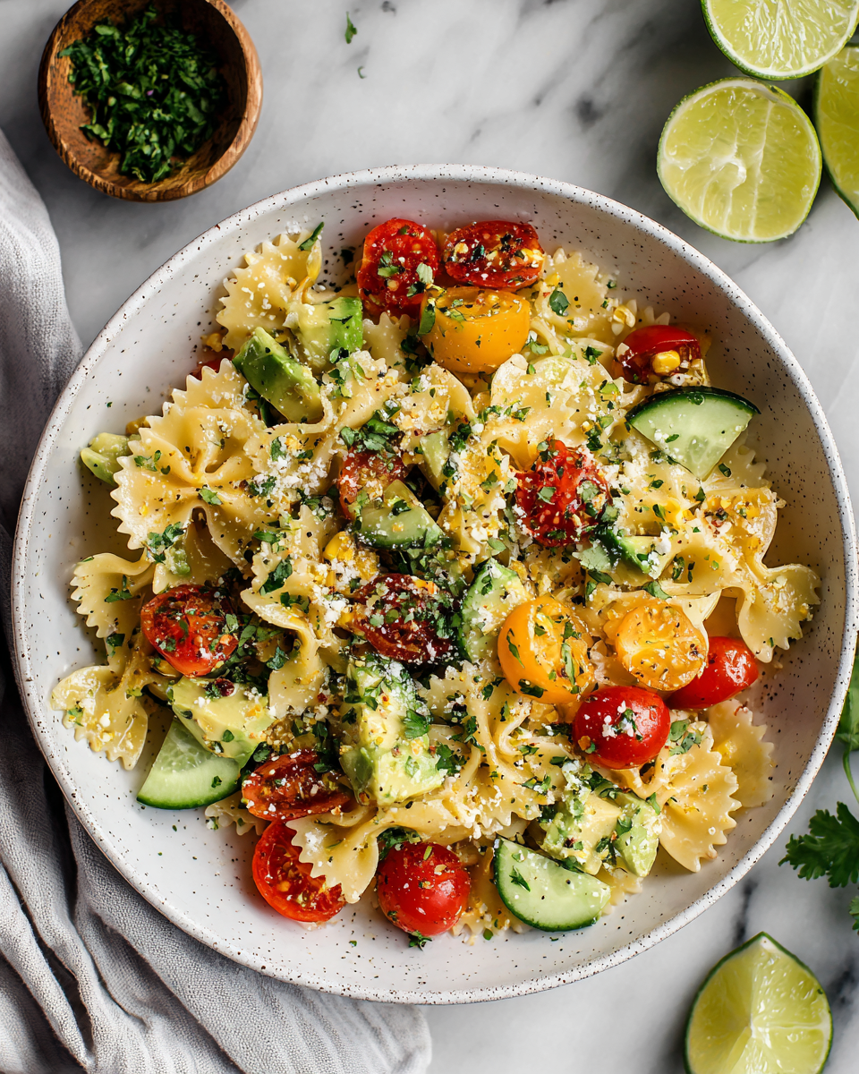Ensalada de pasta fresca con cilantro y lima, un plato colorido y vibrante perfecto para reuniones al aire libre.