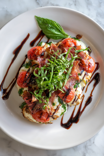 Pollo Caprese con Prosciutto: una deliciosa receta de pollo al horno con sabores frescos y vibrantes, perfecta para el verano.