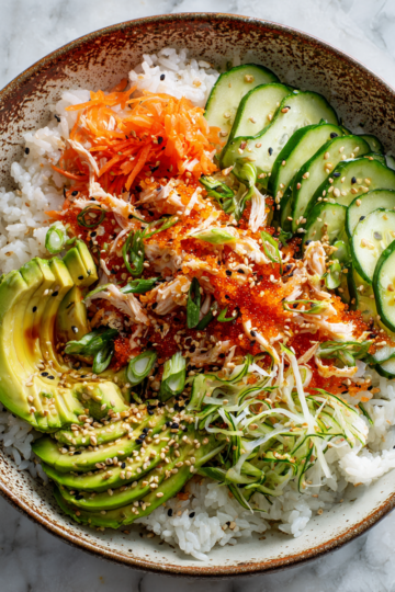 Tazones de sushi estilo California con arroz, aguacate y carne de cangrejo, ideal para una comida rápida y deliciosa