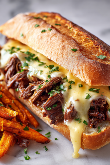 Delicioso sándwich de Beef and Cheddar al estilo Arby’s, fácil de preparar y perfecto para compartir en reuniones familiares.