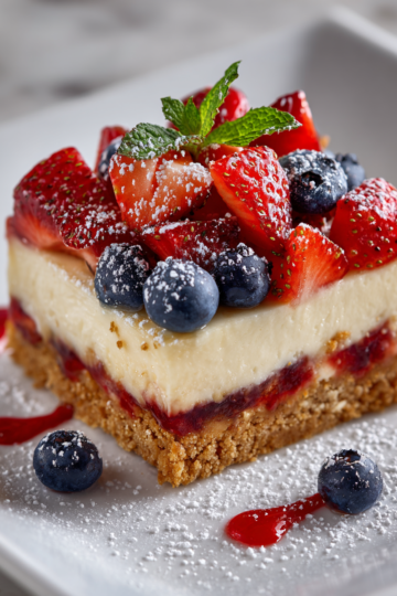 Barras de cheesecake patriótico decoradas con fresas y arándanos, perfectas para fiestas y celebraciones.