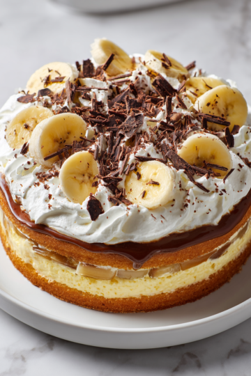 Delicioso Pastel Banoffee Para Celebraciones Pastel banoffee decorado con plátanos y chocolate, ideal para celebraciones primaverales.