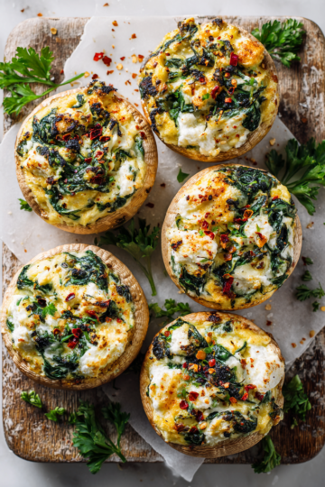 Champiñones rellenos de queso ricotta y espinacas, deliciosos aperitivos vegetarianos para compartir en reuniones junto a amigos.