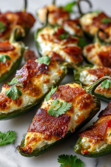 Jalapeños rellenos horneados, cremosos y picantes, perfectos para compartir en reuniones familiares.