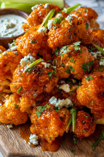 Alitas de coliflor búfalo, un plato vegetariano crujiente y sabroso, ideal para compartir en reuniones y fiestas.