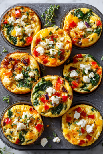 Omelets salados en muffin tin con verduras frescas y queso feta, perfectos para desayuno o tapas.