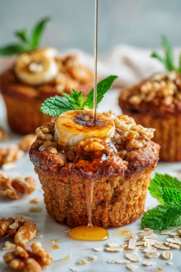 Deliciosos Muffins de Plátano con Jarabe de Arce Muffins de plátano con jarabe de arce recién horneados, ideales para compartir en reuniones festivas