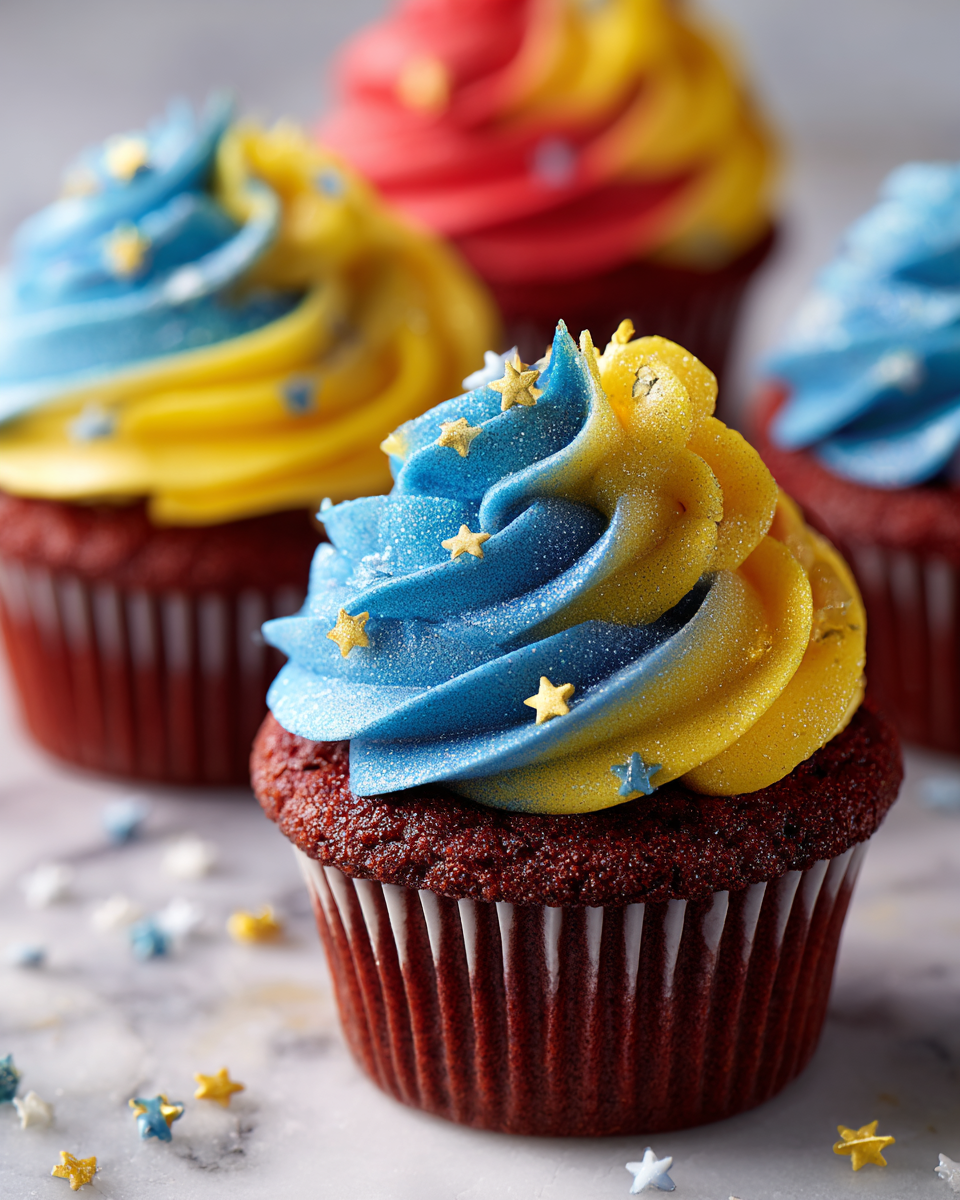 Deliciosos Cupcakes de Fuegos Artificiales para Celebraciones de Verano Cupcakes de fuegos artificiales coloridos, perfectos para celebraciones veraniegas en España, frescos y visualmente atractivos.