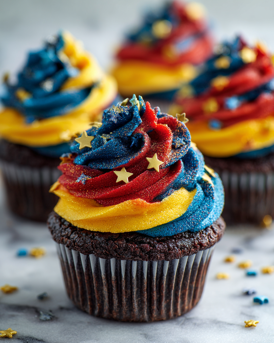 Deliciosos Cupcakes de Fuegos Artificiales para Celebraciones de Verano Cupcakes de fuegos artificiales coloridos, perfectos para celebraciones veraniegas en España, frescos y visualmente atractivos.