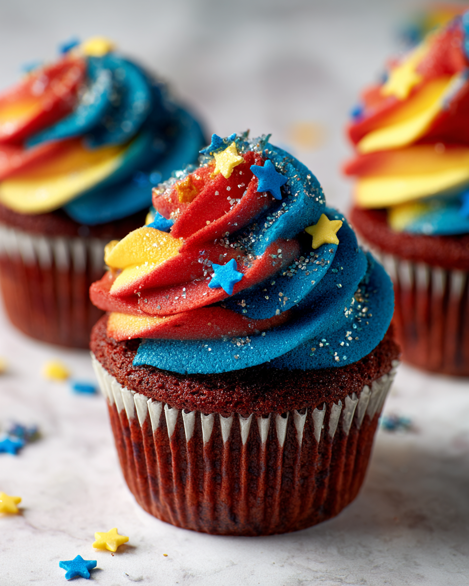 Deliciosos Cupcakes de Fuegos Artificiales para Celebraciones de Verano Cupcakes de fuegos artificiales coloridos, perfectos para celebraciones veraniegas en España, frescos y visualmente atractivos.