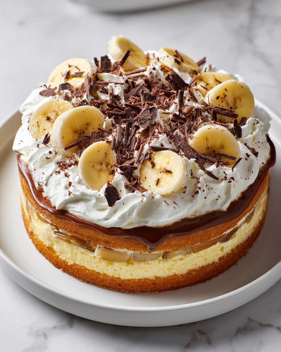 Pastel banoffee decorado con plátanos y chocolate, ideal para celebraciones primaverales.