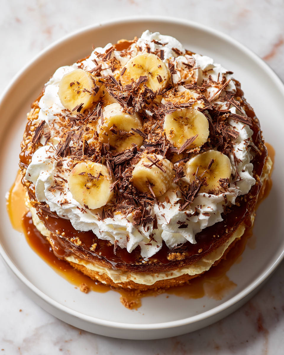 Pastel banoffee decorado con plátanos y chocolate, ideal para celebraciones primaverales.