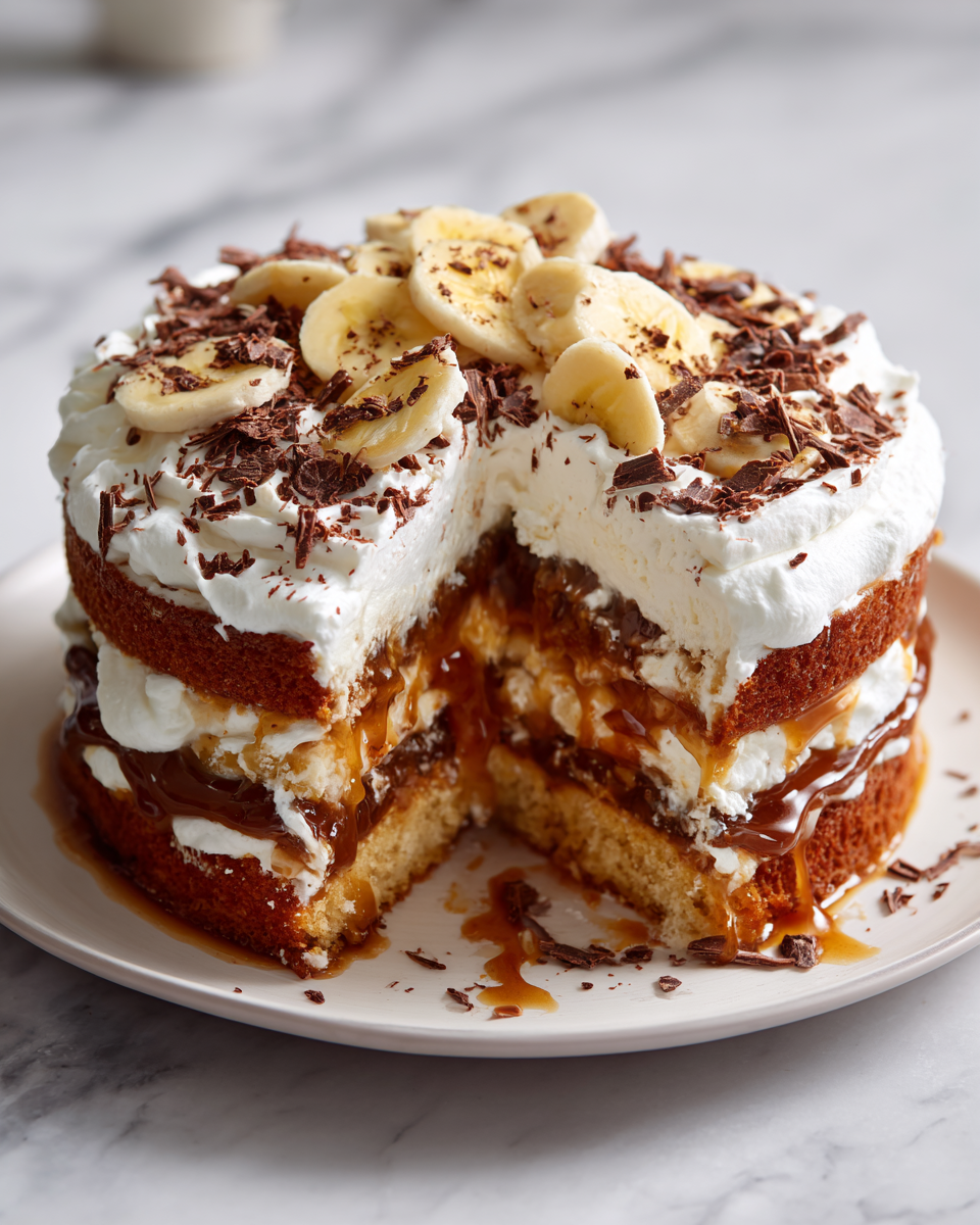 Pastel banoffee decorado con plátanos y chocolate, ideal para celebraciones primaverales.