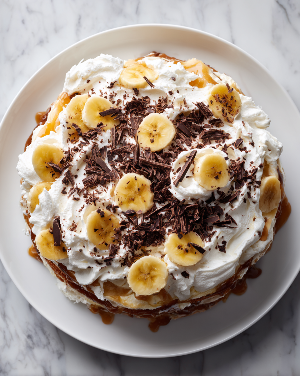 Pastel banoffee decorado con plátanos y chocolate, ideal para celebraciones primaverales.