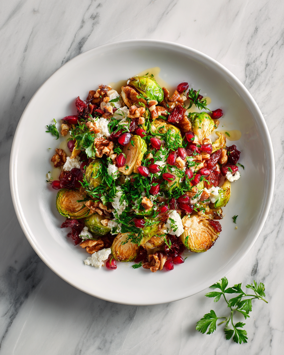 Deliciosa ensalada de coles de Bruselas con granada y queso de cabra, ideal para cenas festivas.