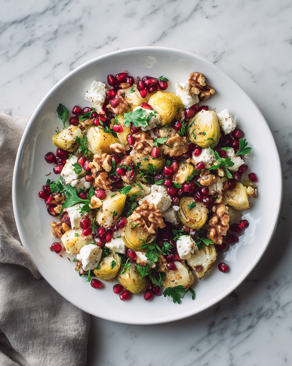 Deliciosa ensalada de coles de Bruselas con granada y queso de cabra, ideal para cenas festivas.