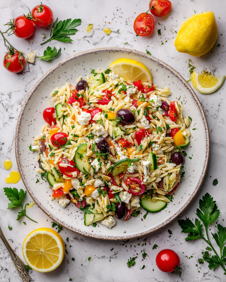 Ensalada griega de orzo con ingredientes frescos y vibrantes, ideal para celebraciones