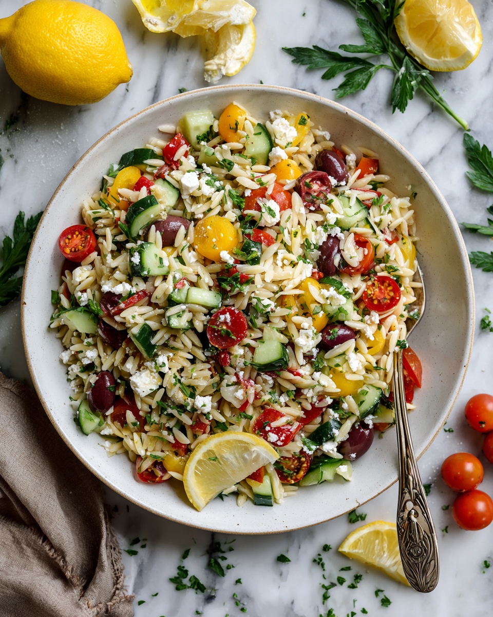 Ensalada griega de orzo con ingredientes frescos y vibrantes, ideal para celebraciones
