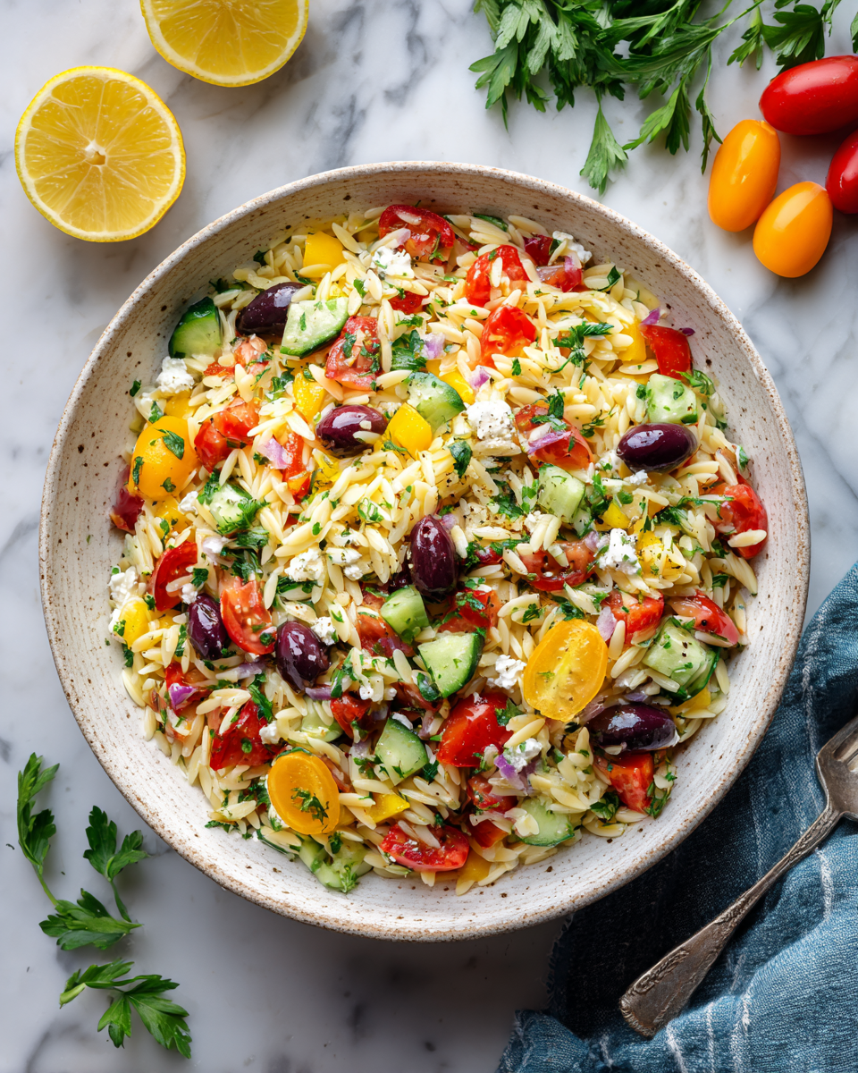 Ensalada griega de orzo con ingredientes frescos y vibrantes, ideal para celebraciones