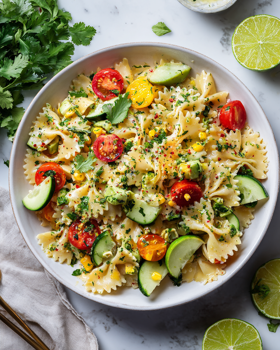 Ensalada de pasta fresca con cilantro y lima, un plato colorido y vibrante perfecto para reuniones al aire libre.
