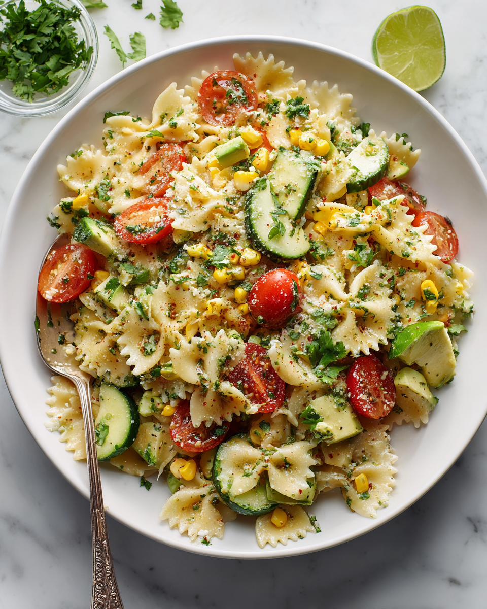 Ensalada de pasta fresca con cilantro y lima, un plato colorido y vibrante perfecto para reuniones al aire libre.