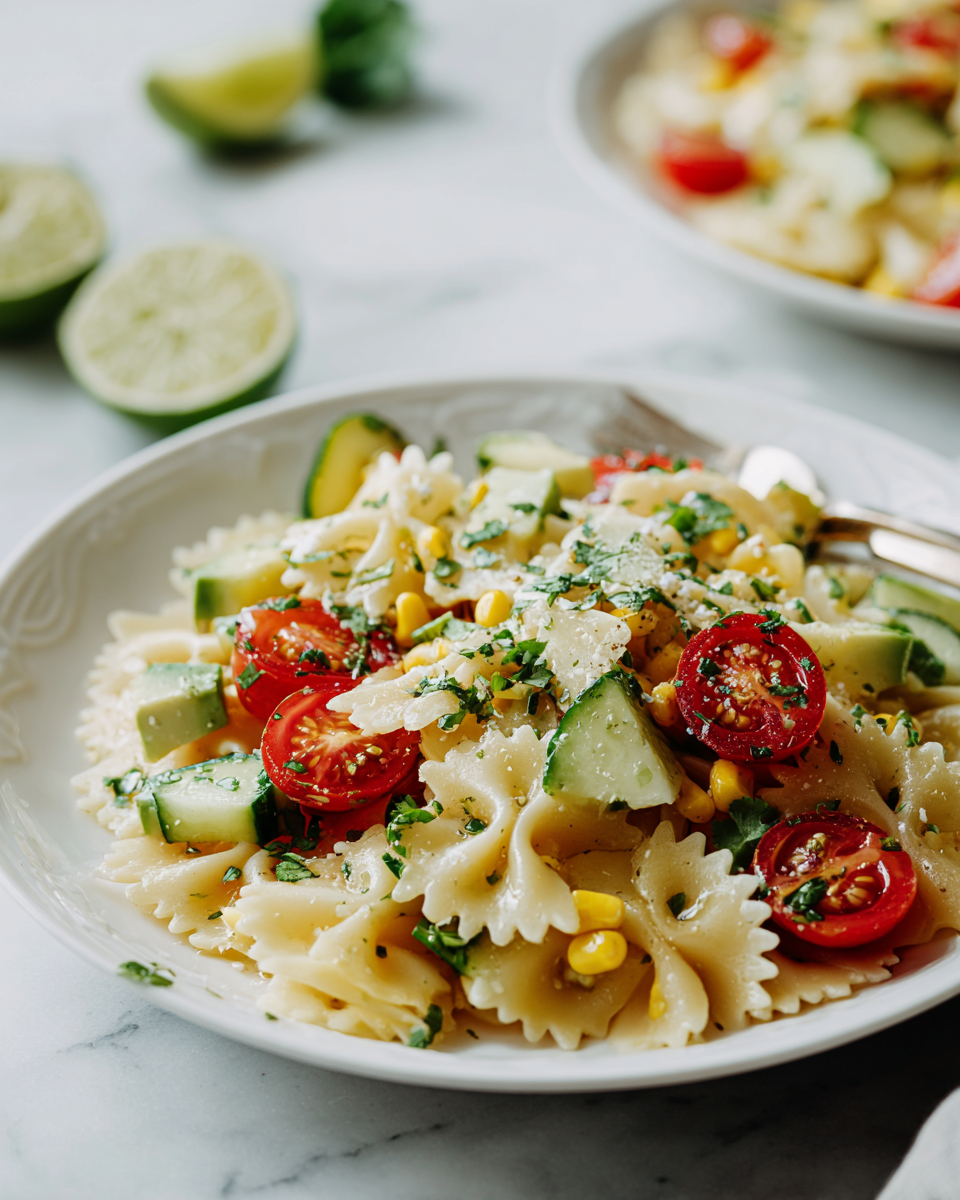 Ensalada de pasta fresca con cilantro y lima, un plato colorido y vibrante perfecto para reuniones al aire libre.