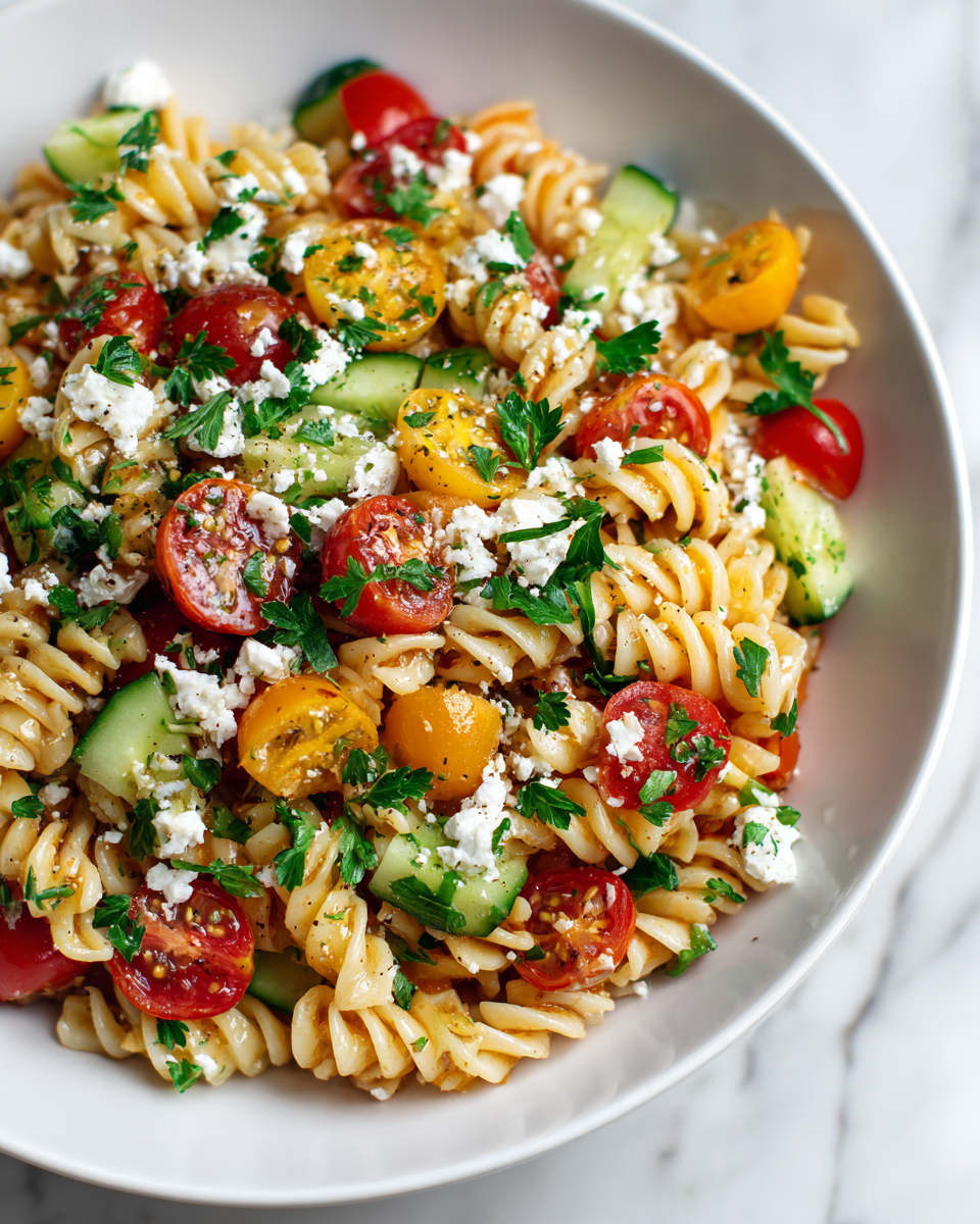 Ensalada fresca de pasta con vegetales, ideal para verano.
