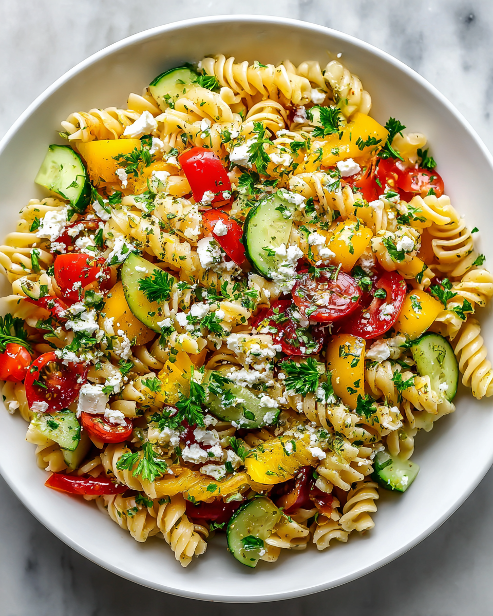 Ensalada fresca de pasta con vegetales, ideal para verano.